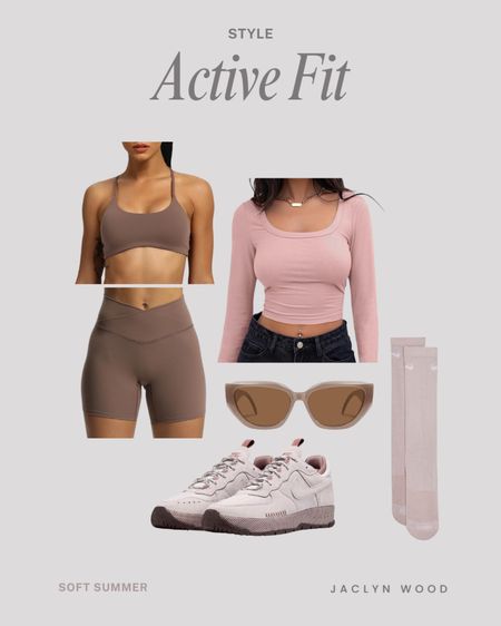 Athleisure outfit for an active day or for a workout: blush pink long sleeve top, ash brown sports bra and biker shorts, taupe sunglasses (on Amazon), plus blush crew socks and mauve Air Force shoes (Nike). Color season: Soft Summer

#LTKActive #LTKStyleTip #LTKFitness
