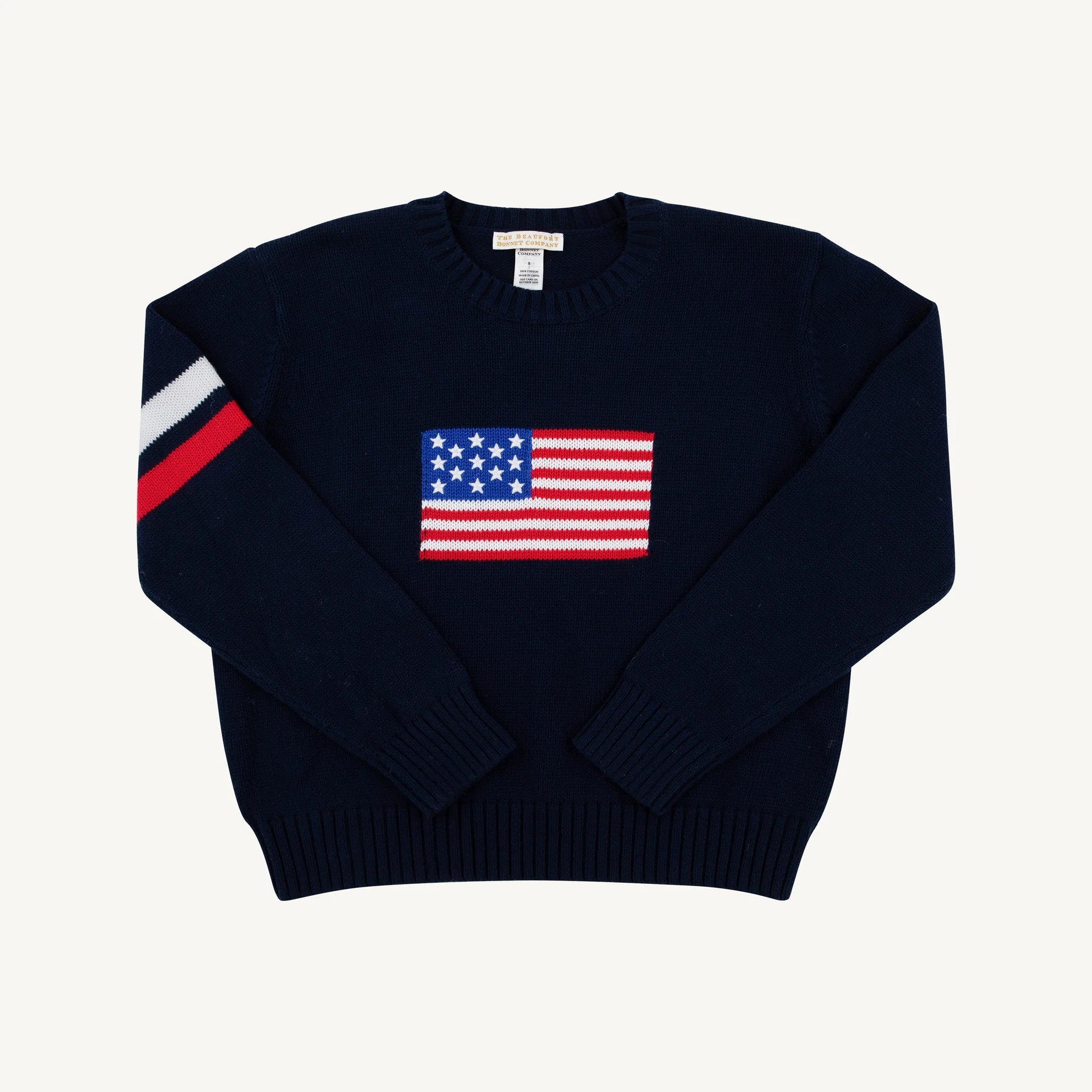 Seaton Intarsia Sweater - Nantucket Navy with American Flag Motif | The Beaufort Bonnet Company