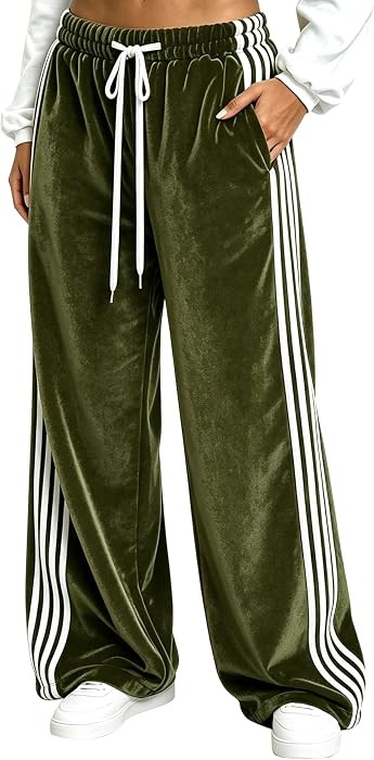 Faleave Womens Velvet Wide Leg High Waist Drawstring Pants with Pockets | Amazon (US)