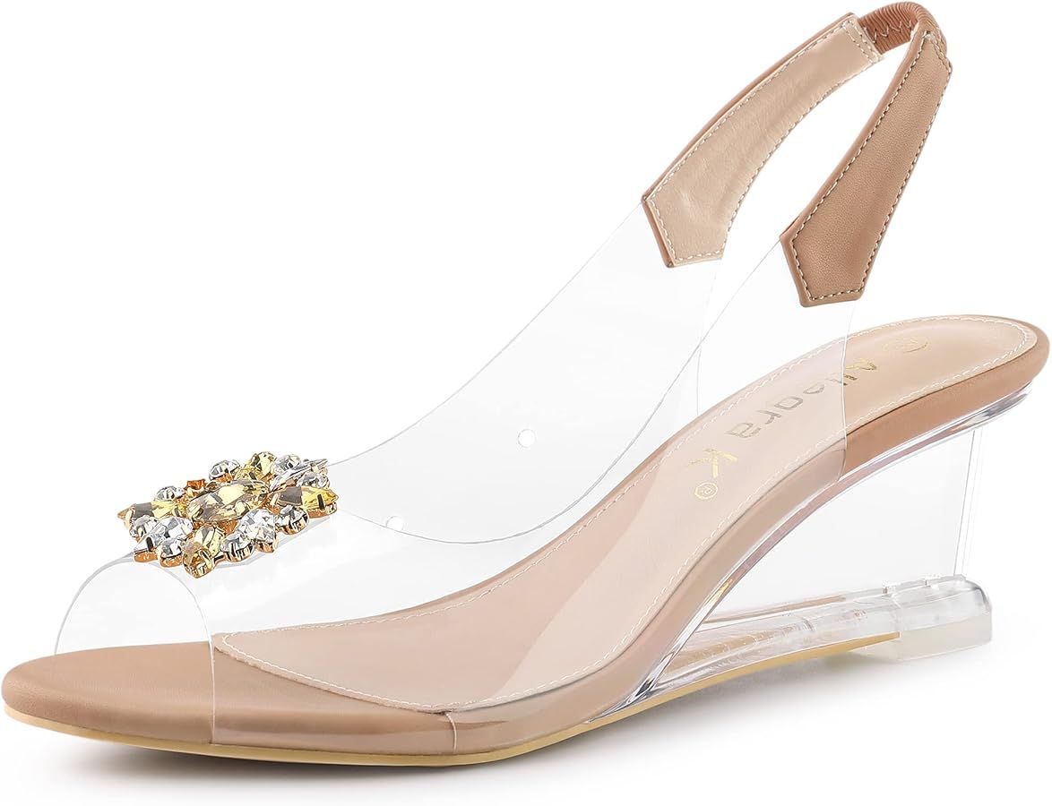 Allegra K Women's Clear Slingback Wedges Rhinestone Transparent Peep Toe Heels | Amazon (US)