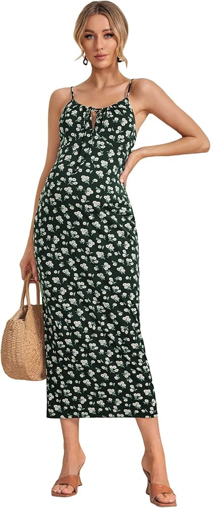 OYOANGLE Women's Maternity Ditsy Floral Tie Front Spaghetti Strap Midi Cami Dress | Amazon (US)