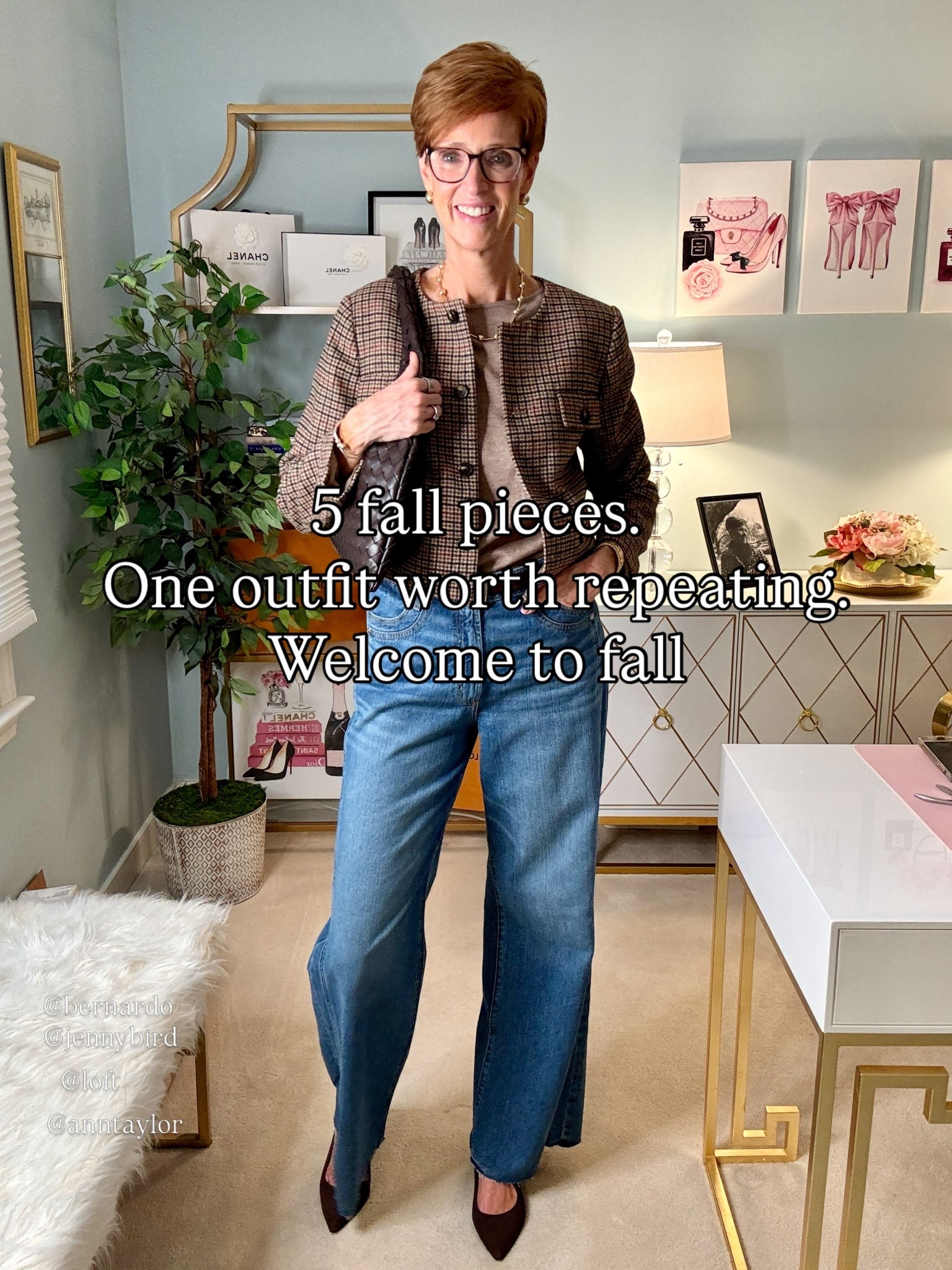 This is what happens when your best sellers become an outfit.

Want the links sent to you? Comment FALL and I’ll DM them!

Several of the pieces you’ve been clicking most lately ended up together — and I think that says a lot about why they’re working.

A light brown boatneck sleeveless top layered under a brown houndstooth collarless jacket, wide-leg jeans, brown suede pointed-toe heels and a chocolate brown woven bag. It’s an easy fall outfit formula that feels polished without feeling overly dressed.

What I especially love is the mix of brown tones with denim. The jacket adds structure, the wide-leg jeans keep it relaxed, and repeating chocolate brown in the shoes and bag pulls everything together.

This is exactly how I want the pieces in my closet to work: not just something that looks good once, but something I can mix into outfits I actually want to wear.

Save this one for your next fall outfit, and send it to a friend who loves classic style. Then tell me: which piece would YOU build an outfit around — the jacket, jeans or bag?

#TallWomenStyle #FallOutfitIdeas #StyleOver40 #ClassicStyle

#LTKootd #LTKOver40 #LTKTall