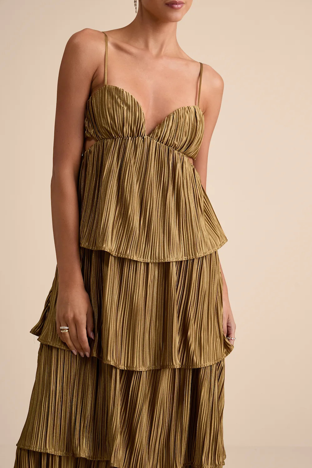 Kanya Gold Satin Plisse Tiered Maxi Dress | Lulus