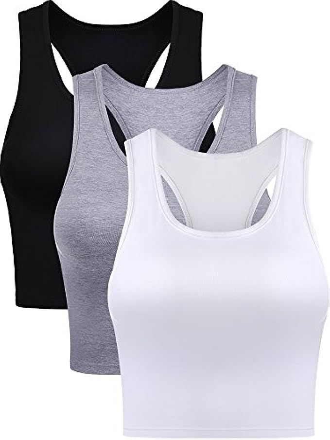Boao 3 Pieces Cotton Basic Sleeveless Racerback Crop Tank Top Women's Sports Crop Top for Lady Girls | Amazon (US)