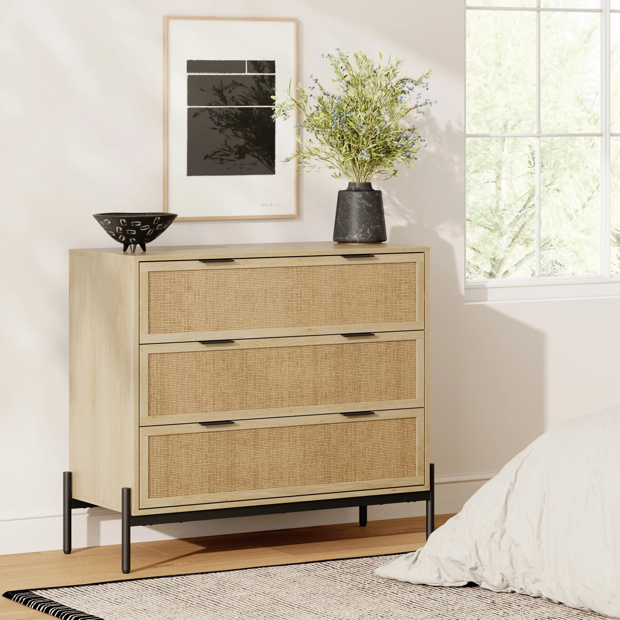 Rattan & Wood 3-Drawer Dresser Light Oak | Nathan James