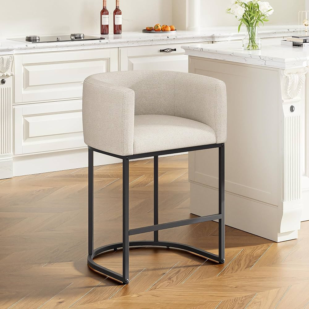 24.4" H Counter Height Bar Stools, Modern Barrel Counter Stools with Backrest and Arms, Linen Fab... | Amazon (CA)
