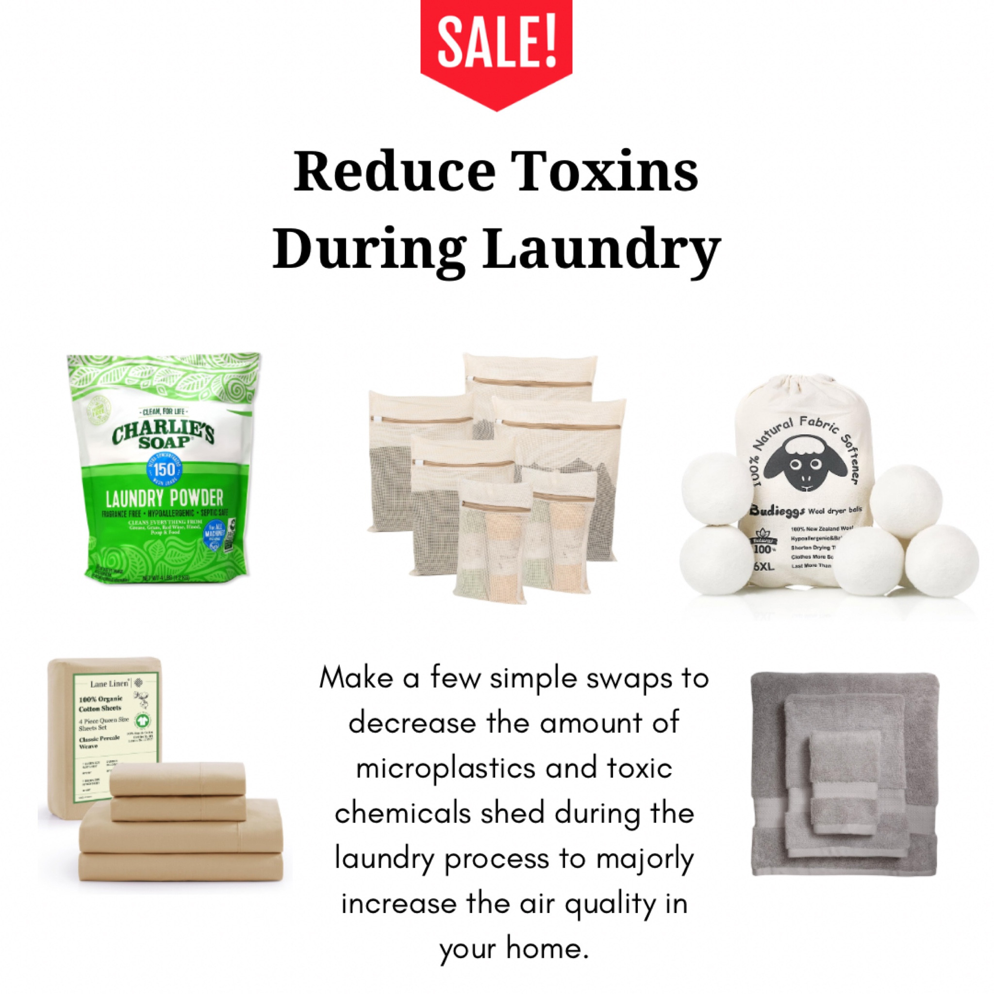 Making swaps in your laundry routine is an amazing way to have a healthy impact in your home!

Swap:
- laundry detergent (no synthetic fragrance, no plastic pods, etc.), we love Charlie’s Soap
- dryer sheets for organic wool dryer balls
- polyester based garment bags for organic cotton ones to eliminate shedding microplastics (we are just now making this swap)
- basics like towels and sheets for organic fabrics like GOTS organic cotton to eliminate microplastics from synthetic materials

#LTKFamily #LTKxPrimeDay #LTKHome