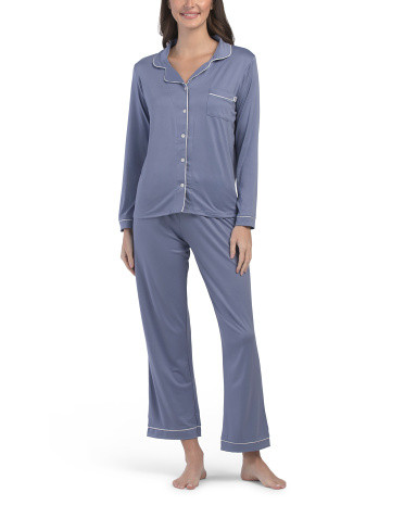 2Pc Notch Collar Long Sleeve Pajama Top And Pants Set For Women, Spandex/Polyester | TJ Maxx