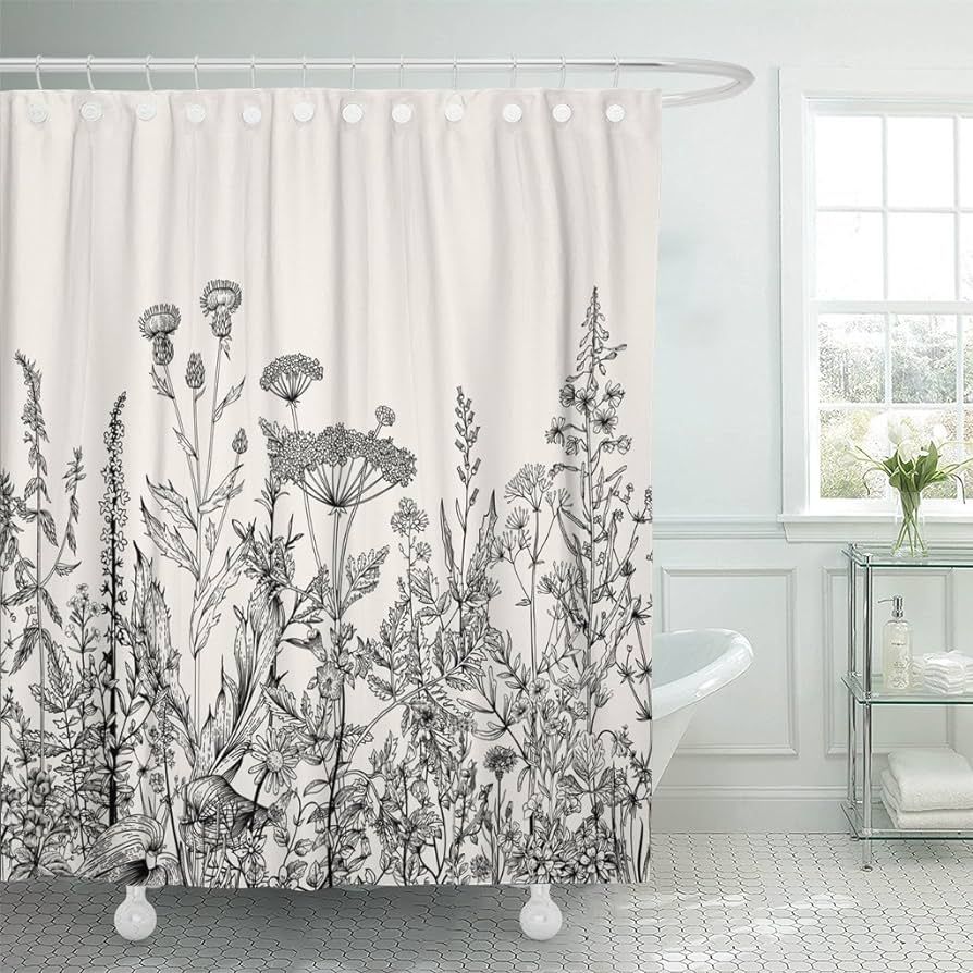 Emvency Shower Curtain Floral Border Herbs and Wild Flowers Botanical Vintage Engraving Light Gre... | Amazon (US)