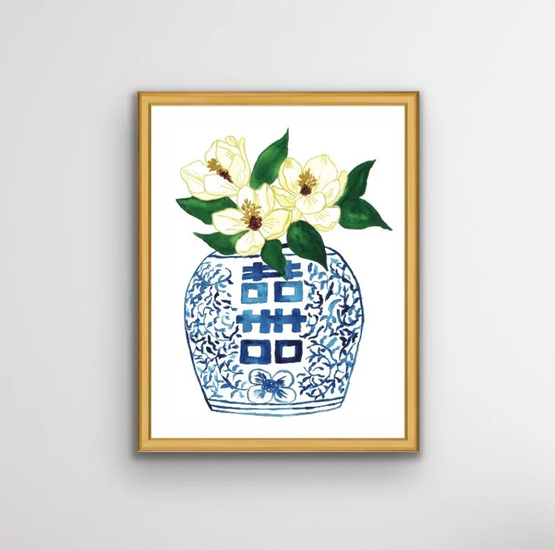 8x10 Inch Signed Print, Magnolia Art, Blue and White Jar, Double Happiness Jar, Chinoiserie, Magn... | Etsy (US)