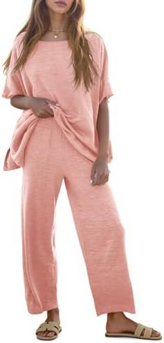 Tankaneo Women's 2 Piece Travel Outfits Casual Short Sleeve Knit Sweater Set Wide Leg Pants Loung... | Amazon (US)