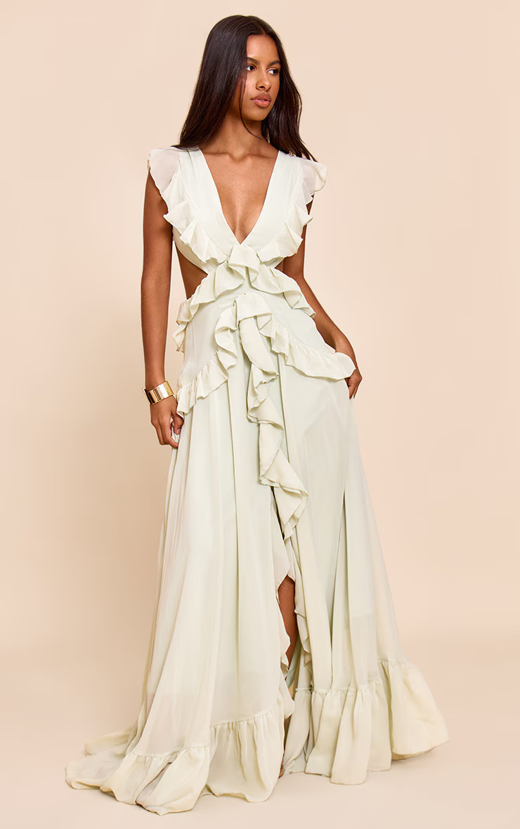 Petite Sage Frill Maxi Dress | Petite | PrettyLittleThing UK