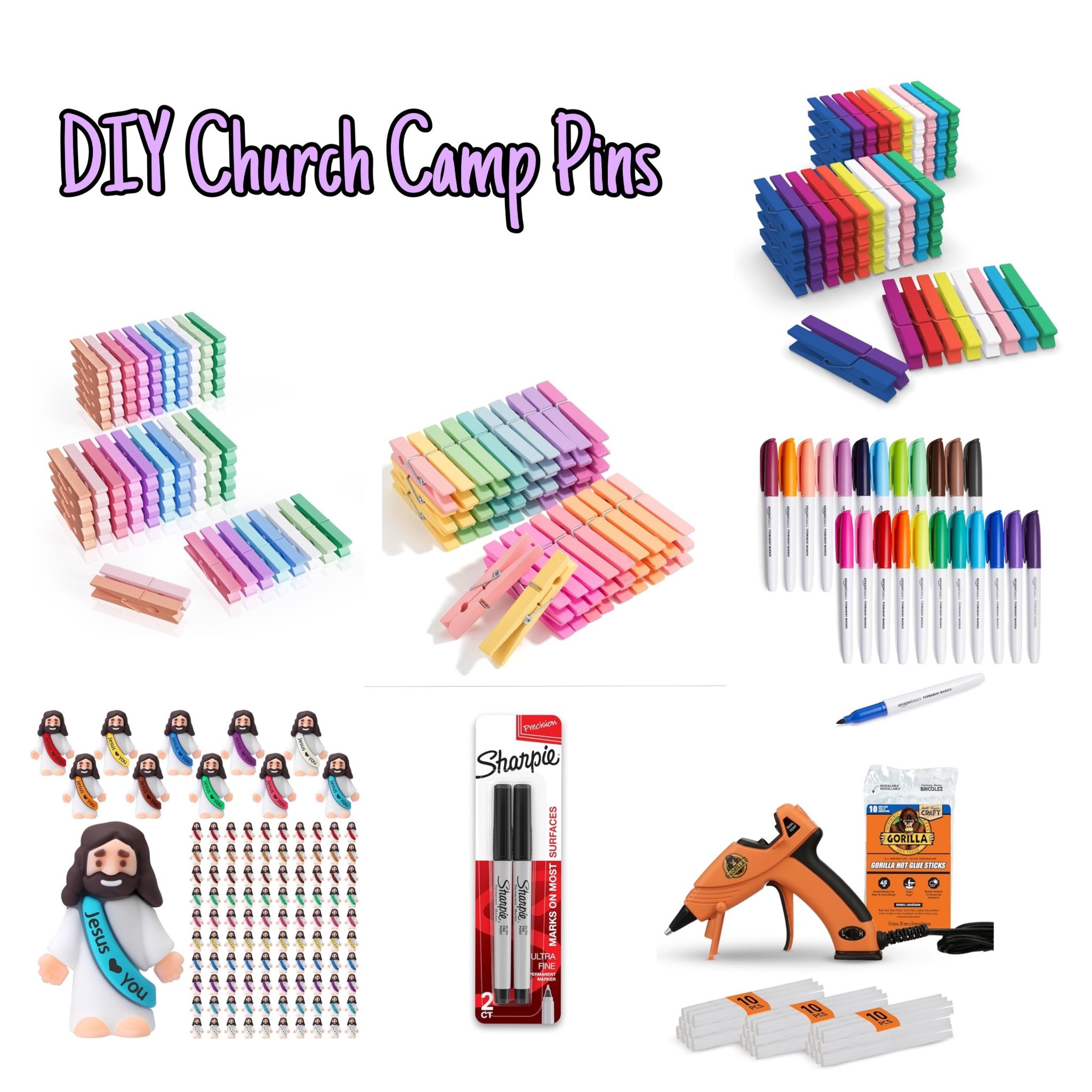 DIY Church Camp Pins!! These are so easy to make & such a great way to spread the word at church camp or anywhere!! You just hot glue the little Jesus figure onto the colorful clothespin & write any Bible verse onto the other end of the pin!! 

#jesuspins #churchcamp #bibleverses #pinning #clothespins #viral #pinpeople #spreadtheword 

#LTKKids #LTKFamily #LTKTravel