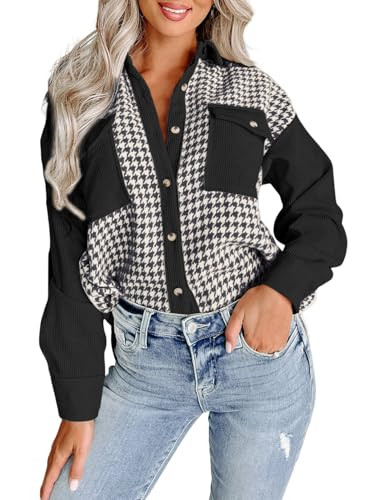 Dokotoo Women's Fashion Casual Corduroy Turn Down Collared Long Sleeve Jacket Shacket Color Block Basic Cute Comfy Button Down Shirts Pockets Tops Contrast Loose Blouses Office Outwear Black XL | Amazon (US)