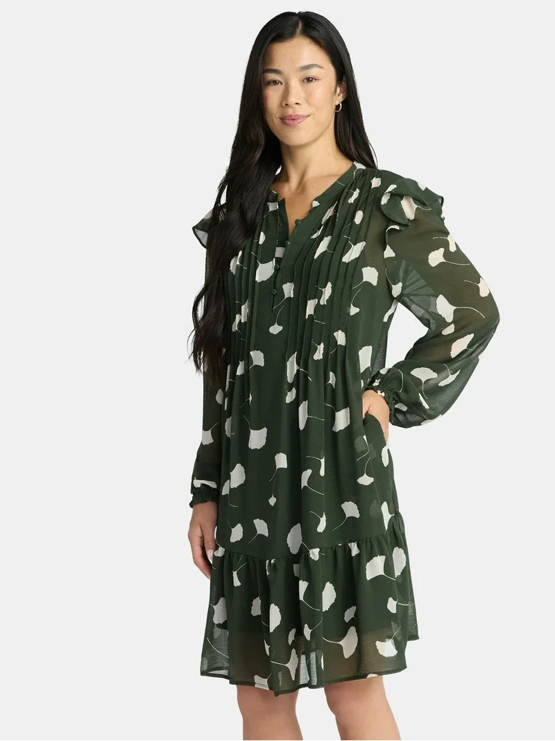 Time and Tru Women's Pintuck Mini Dress with Long Sleeves, Sizes XS-XXXL - Walmart.com | Walmart (US)