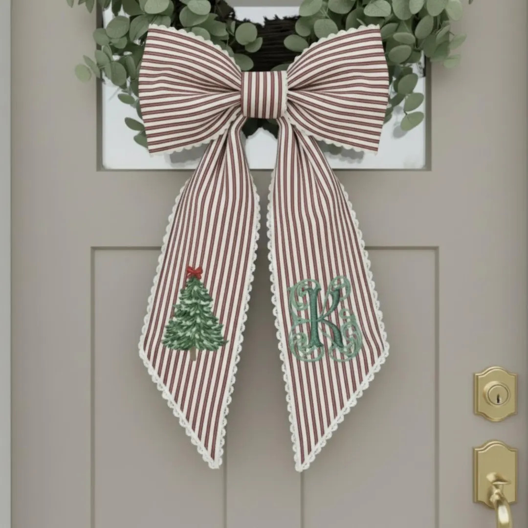 Personalized Ticking Stripe Wreath Bow - Monogrammed Christmas Tree Door Bow | Farmhouse Holiday ... | Etsy (US)