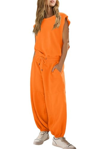 SENSERISE Womens Lounge Jumpsuits One Piece Jumpsuit with Pockets Sleeveless Workout Tops Drawstring Jogger Set (Orange,M) | Amazon (US)