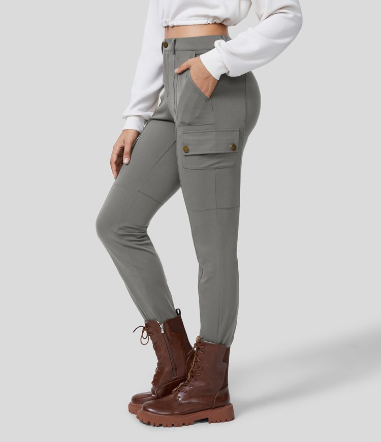 High Waisted Multiple Pockets Solid Skinny Cargo Pants | HALARA