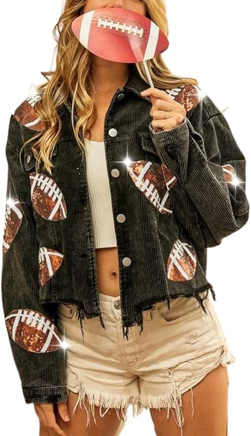 happlan Football Sequin Embroidery Rugby Cropped Frayed Hem Vintage Washed Corduroy Jacket Coat S... | Amazon (US)
