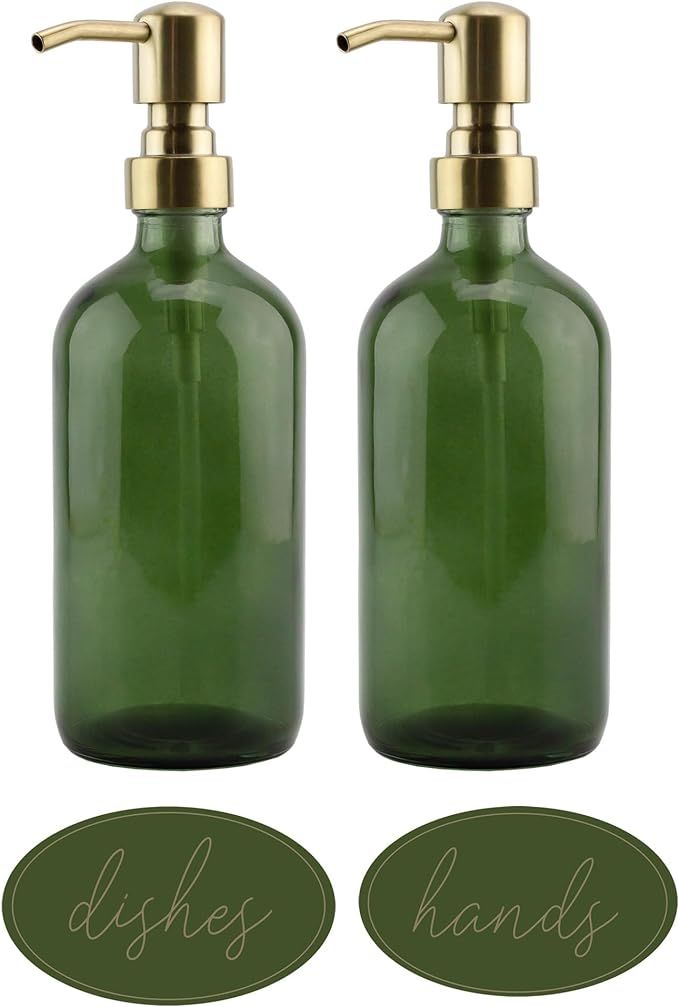 Darware Green Glass Soap Dispensers (2-Pack, Gold Metal Pumps, 16-Ounce); Decorative Pump Bottles... | Amazon (US)