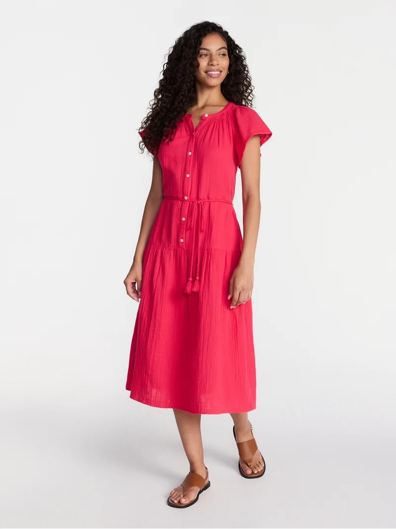 Time and Tru Women's and Women's Plus Double Cloth Midi Dress, Sizes XS-4X | Walmart (US)