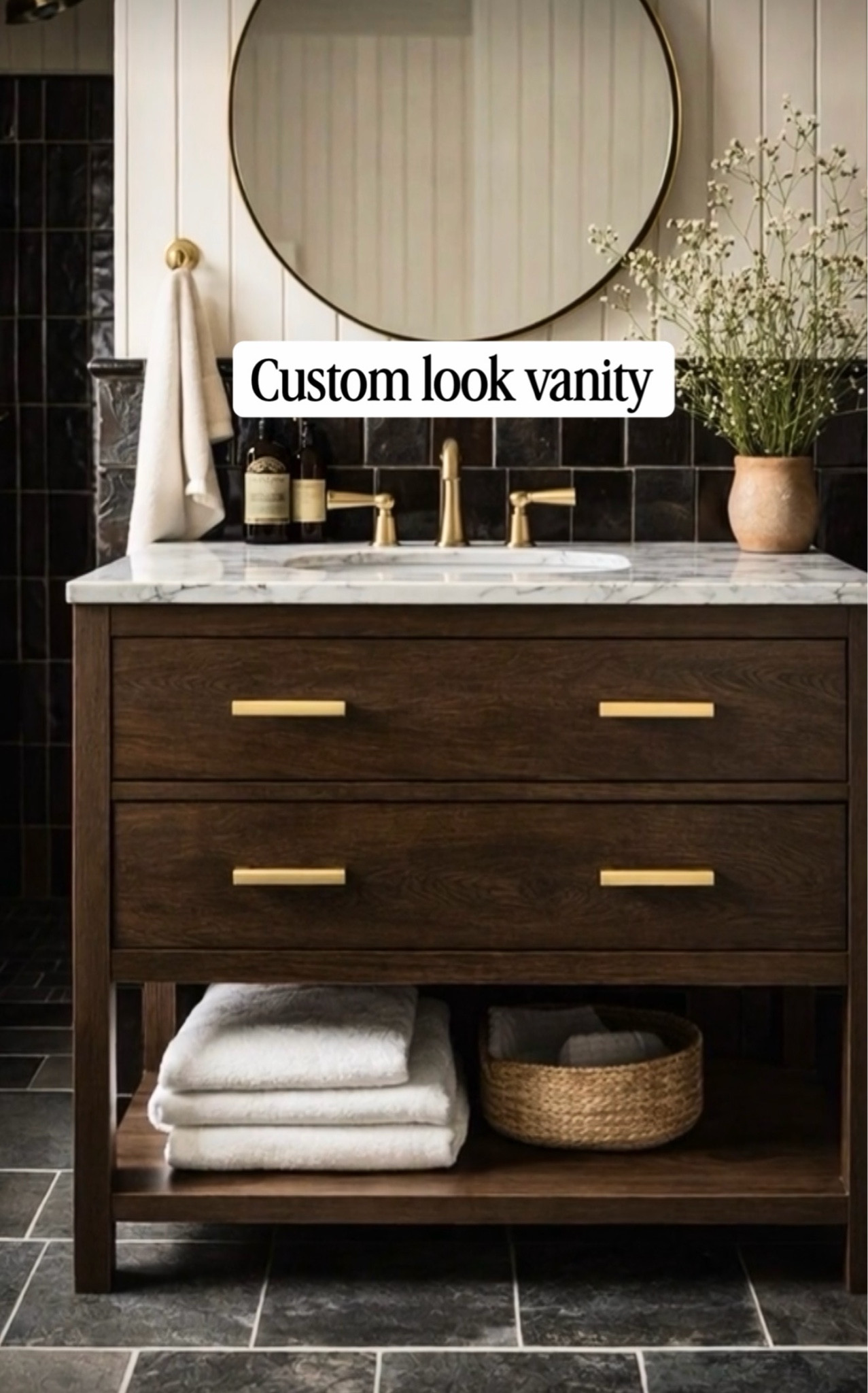 Budget bath vanity from Walmart that you would never guess custom looking vanity from Walmart, bath, vanity, midsize bath, vanity, dark brown vanity with brass hardware

#LTKSaleAlert #LTKHome