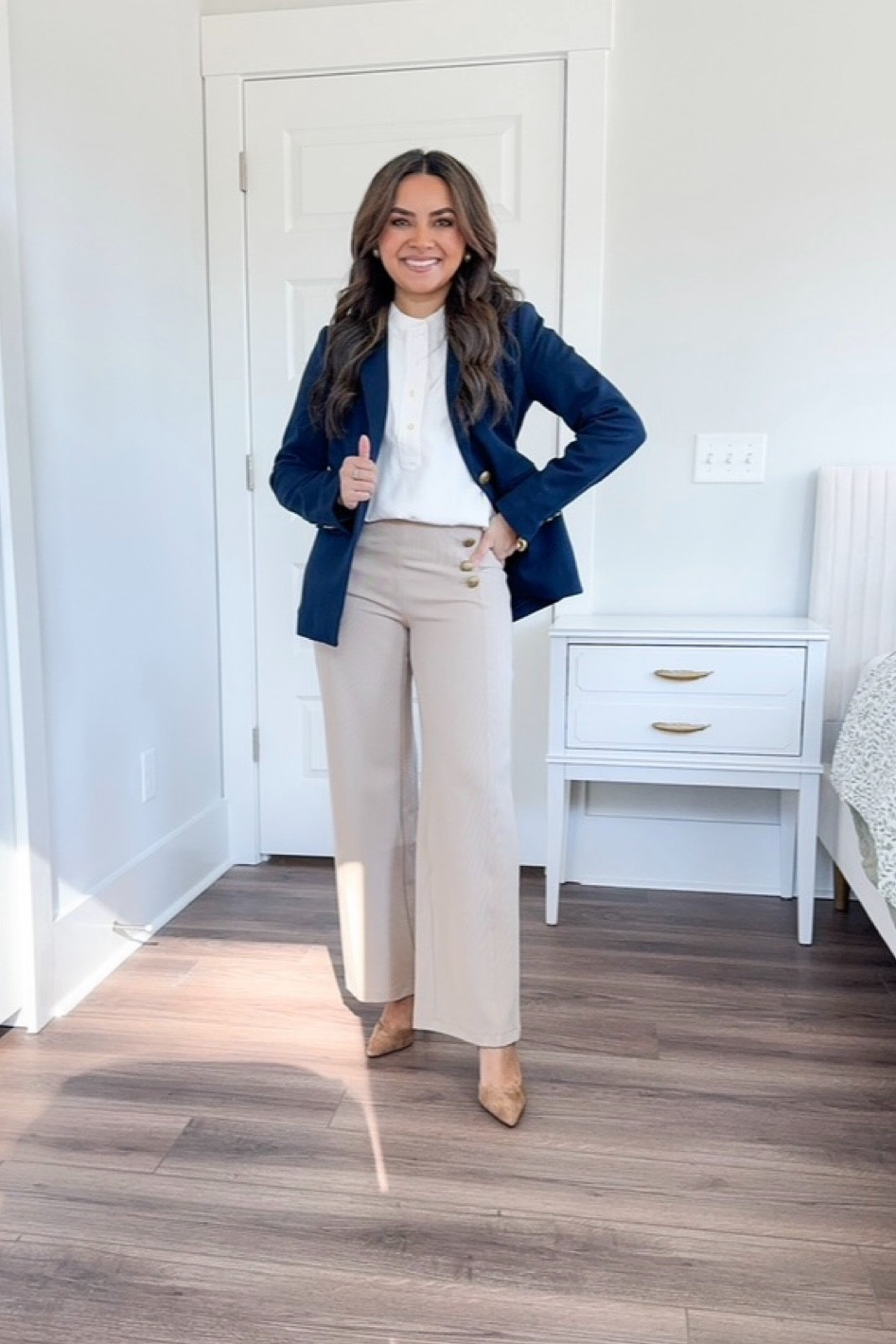Navy Twill Blazer size 00 petite TTS 
White Collar Henley Blouse size xxs TTS  Beige Wide Leg Pants size 2 petite TTS 
Suede Nude Heels size 5 TTS 

Valentines Day outfit 
Work outfit 
Office outfit 
Work wear 
Style tip 
Valentines 

Honey Sweet Petite 
Honeysweetpetite 

#LTKworkwear #LTKstyletip #LTKsalealert