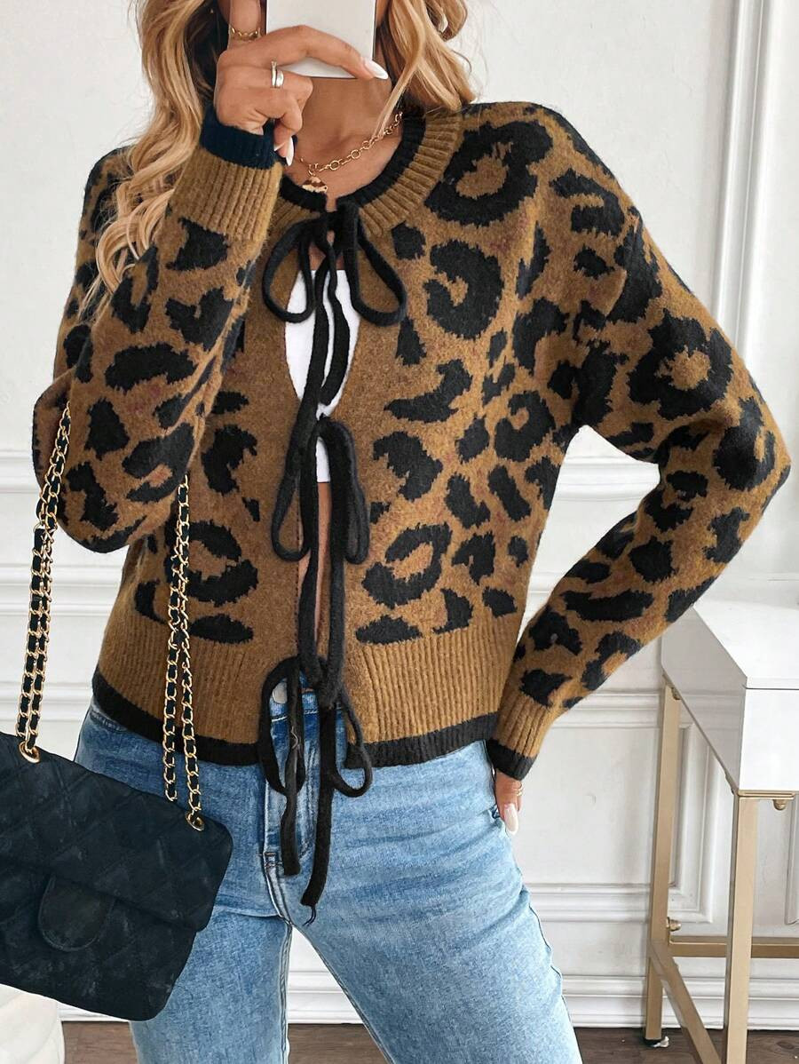 Chiquease Women's Leopard Print Jacquard Butterfly Tie Long Sleeve Cardigan | SHEIN