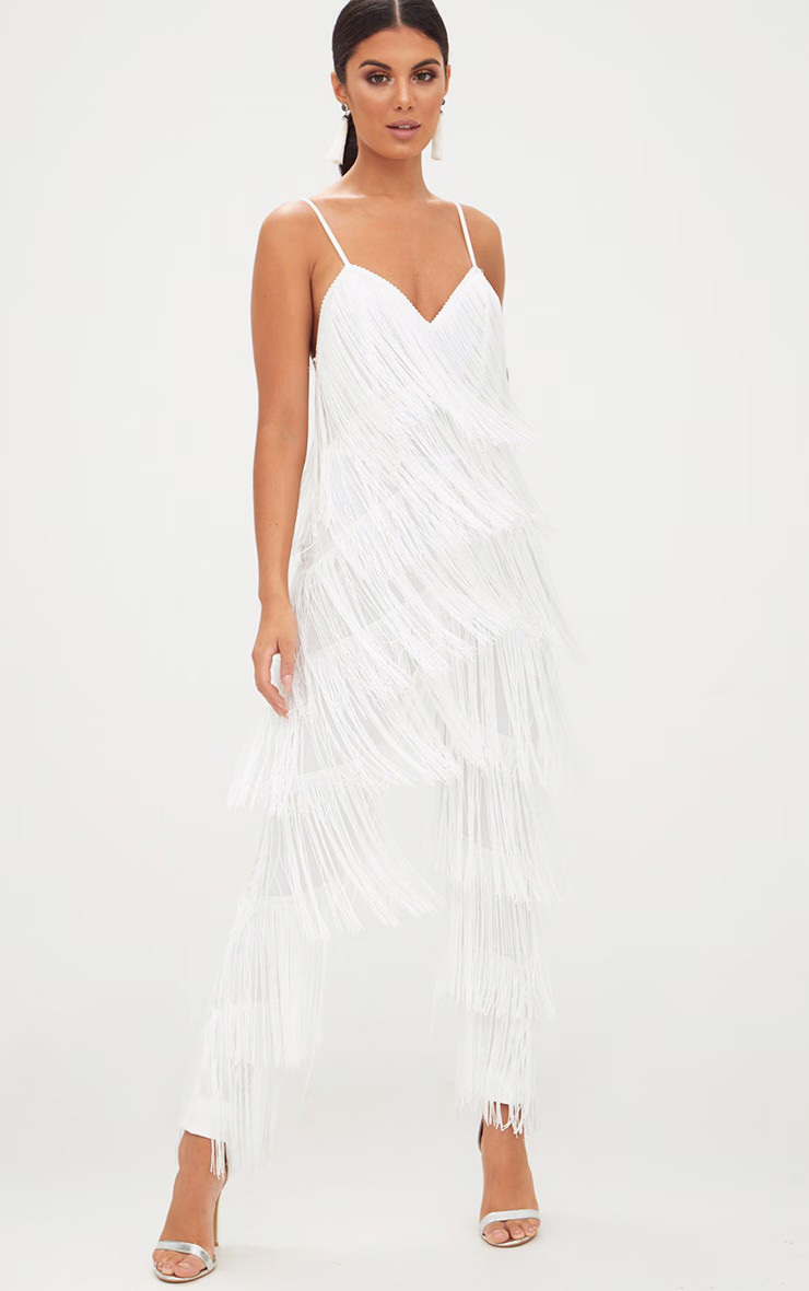 White Tassel Plunge Jumpsuit | PrettyLittleThing CAN
