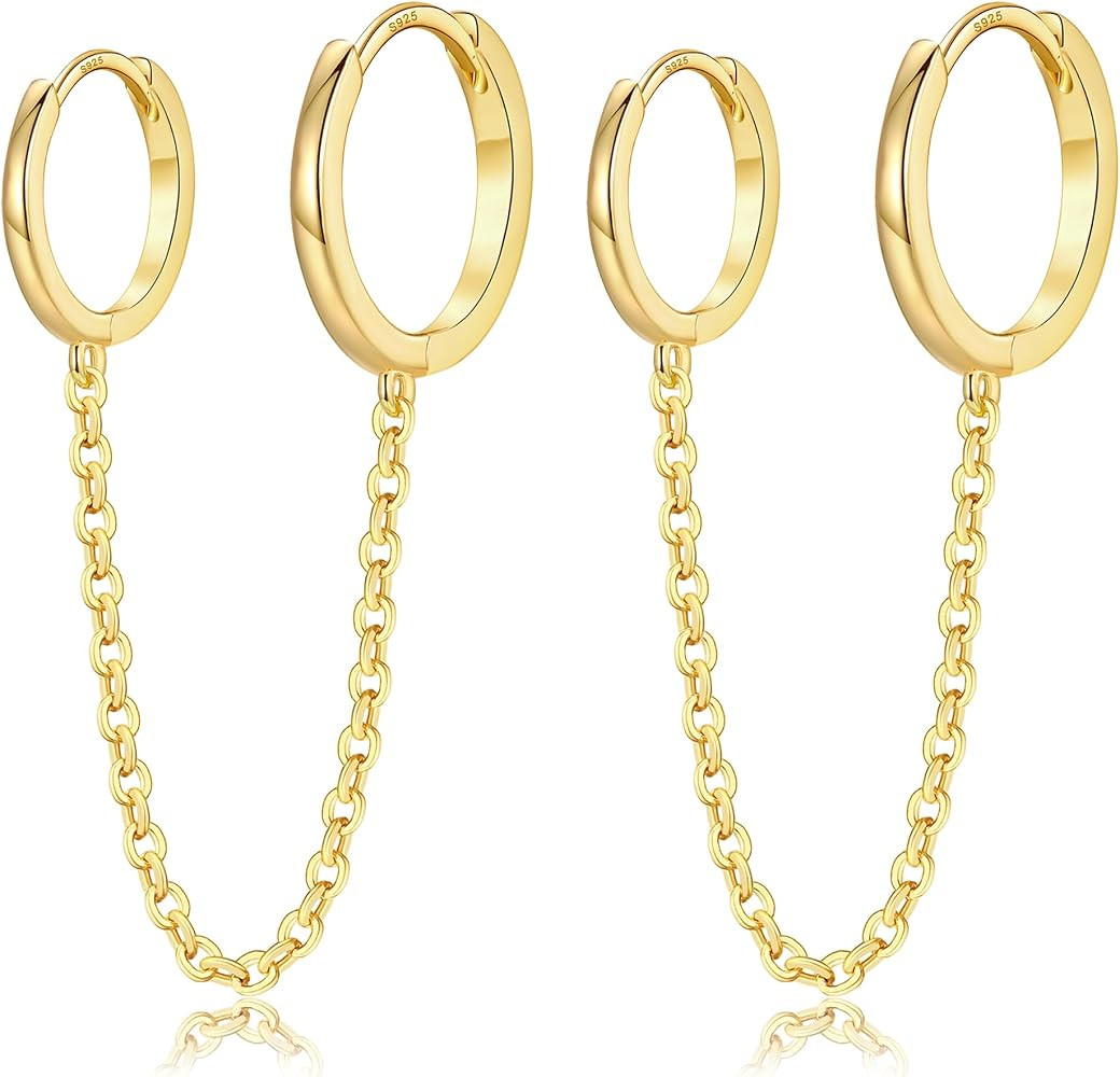 CERSLIMO Small Huggie Hoop Earrings for Women, 14K Gold Plated Sterling Silver Post Chain Hoops H... | Amazon (US)