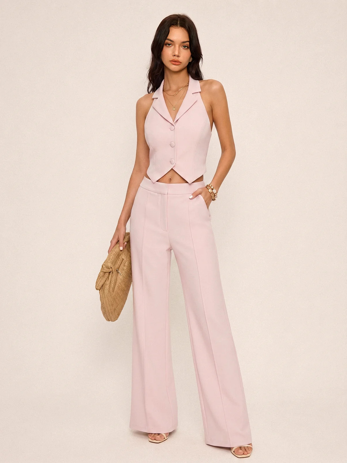 Halter Neck Vest & Wide Leg Pants Set | Commense