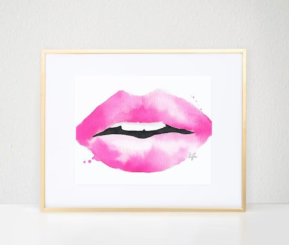 Lipstick Print - Fashion Watercolor, Lipstick, Pink Lips | Etsy (US)