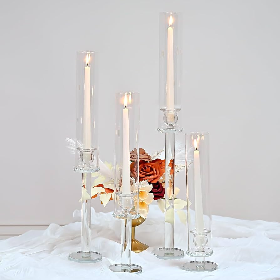 Showgeous Hurricane Candle Holder Set of 4,Clear Crystal Glass Taper Candles Stands with Open Ended Glass Chimney Tube,Hurricane Glass Candle Holders for Wedding Party Decoration -14", 18", 22", 26" | Amazon (US)