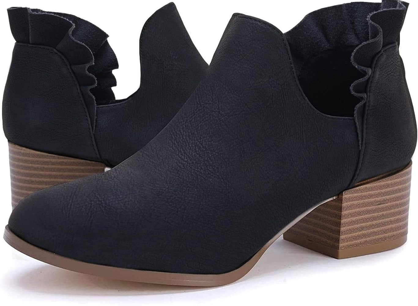 Fashare Womens Fall Cutout Booties Ankle Heels Low Stacked Ruffle Slip On Dress Short Boots Shoes | Amazon (US)