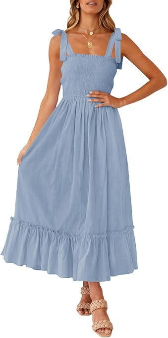 ZESICA Women's 2024 Summer Boho Spaghetti Strap Square Neck Solid Color Ruffle A Line Beach Long ... | Amazon (US)