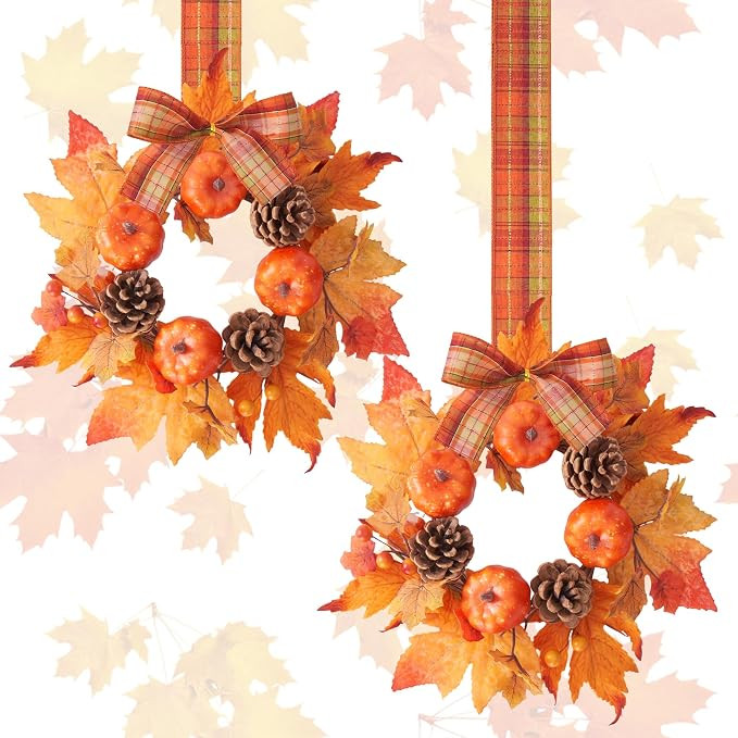 2 Pack Small Mini Fall Wreaths-Candle Ring Wreath for Kitchen Cabinet Decor | Fall Thanksgiving S... | Amazon (US)