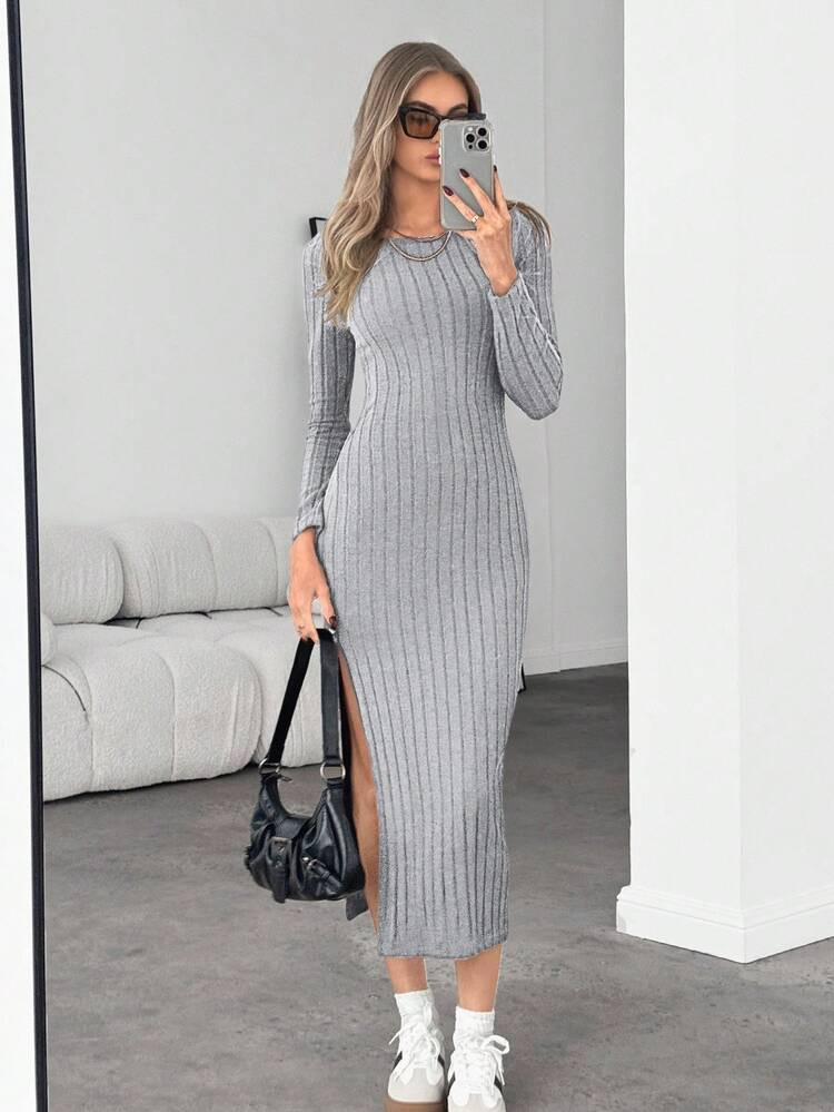 Siren Gaze Solid Split Thigh Bodycon Dress Winter Casual | SHEIN