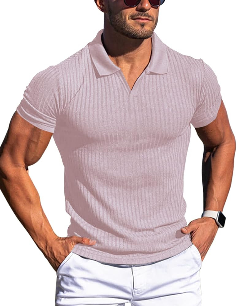Men's Muscle V Neck Polo Shirts Slim Fit Short Long Sleeve Cotton Golf T-Shirts Ribbed Knit Soft ... | Amazon (US)