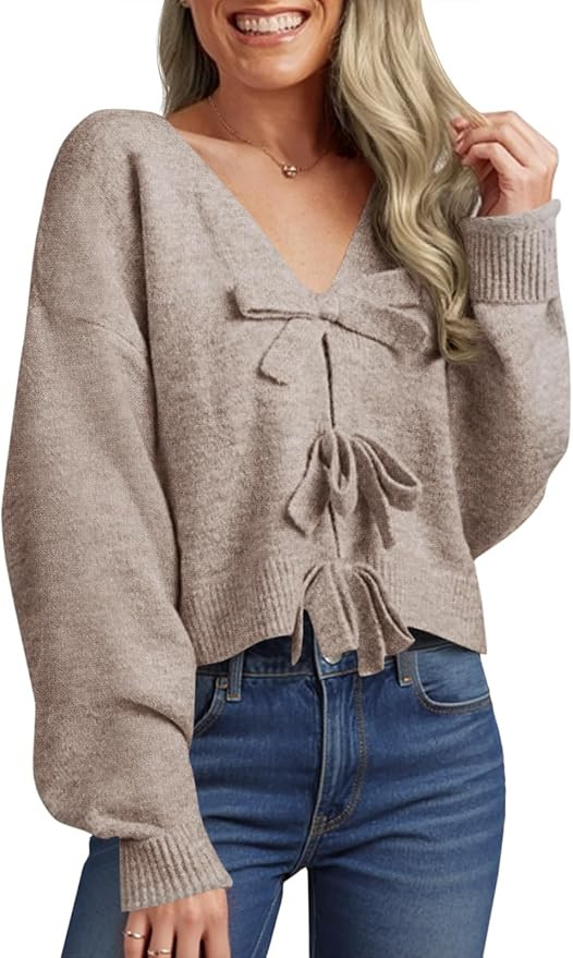 Saodimallsu Womens Bow Sweater Cropped V Neck Long Sleeve Fall Cozy Knit Loose Trendy Pullover Sw... | Amazon (US)