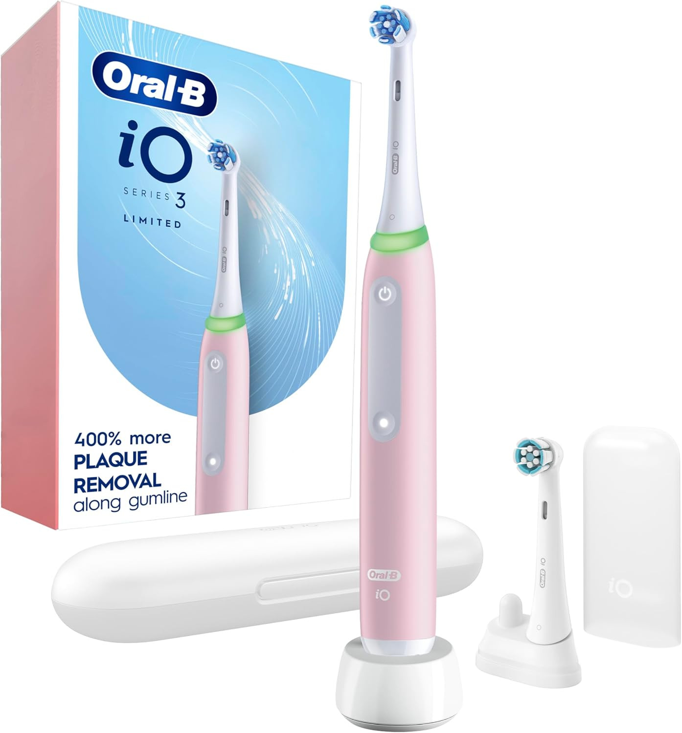 Oral-B Rechargeable Electric Toothbrush, iO3 Limited Deep Clean, 3 Cleaning Modes, Visual Pressure Sensor to Protect Gums, 2 Brush Heads, Travel Case, Azalea Pink | Amazon (US)
