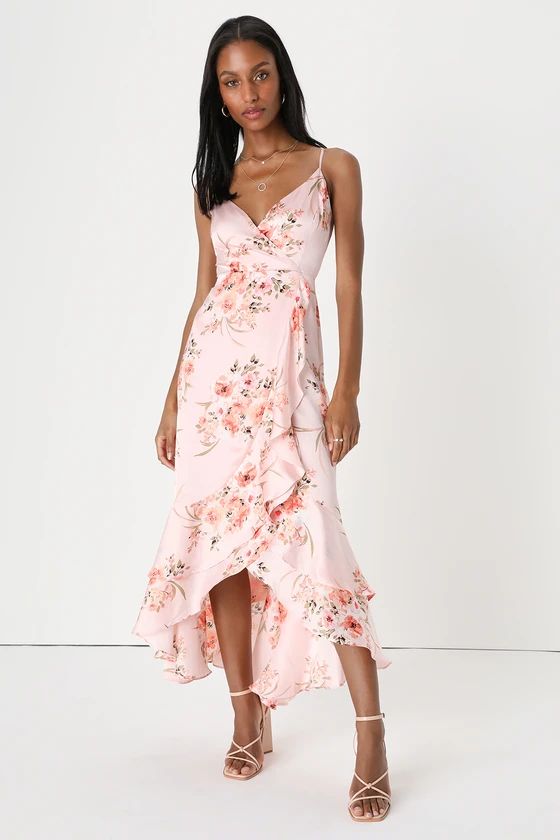 Remarkable Beauty Blush Pink Floral Satin Ruffled Midi Dress | Lulus (US)