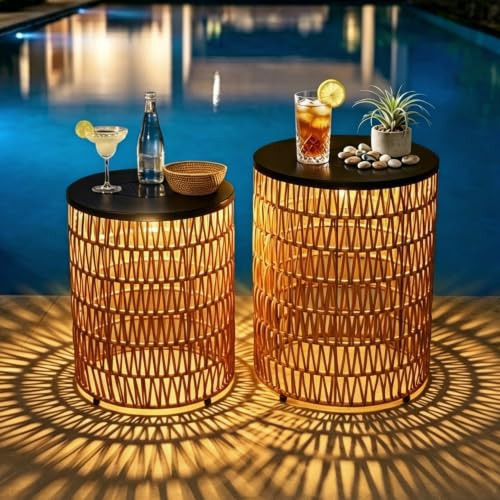 HMVPL Solar Outdoor Side Table for Patio, Round Patio Side Table for Outside, Outdoor End Table Set of 2 with Dimmable Light, Plastic Rattan Accent Table for Poolside Backyard Gazebo, Dusk to Dawn | Amazon (US)