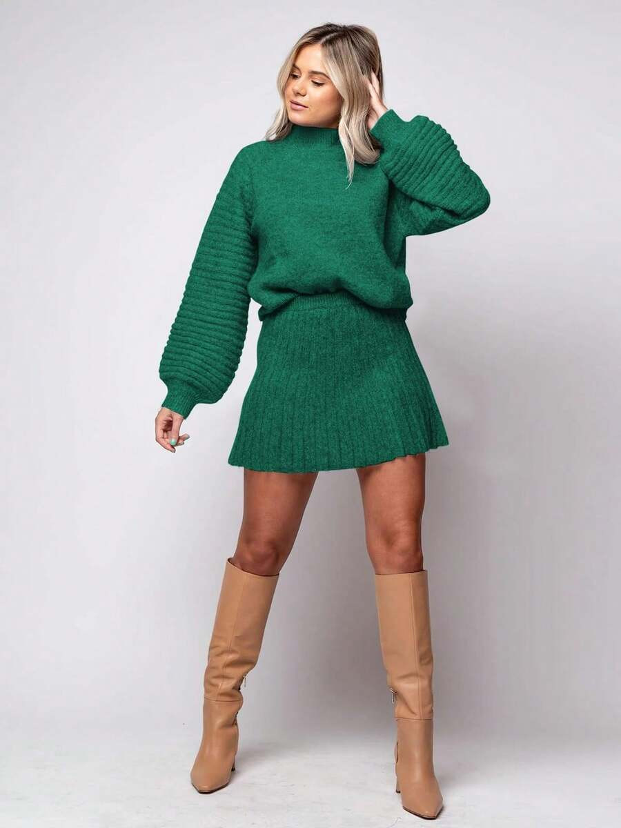 Womens 2 Piece Outfits Long Sleeve Mock Neck Ribbed Sweater And Mini Skirt Set 2025 | SHEIN