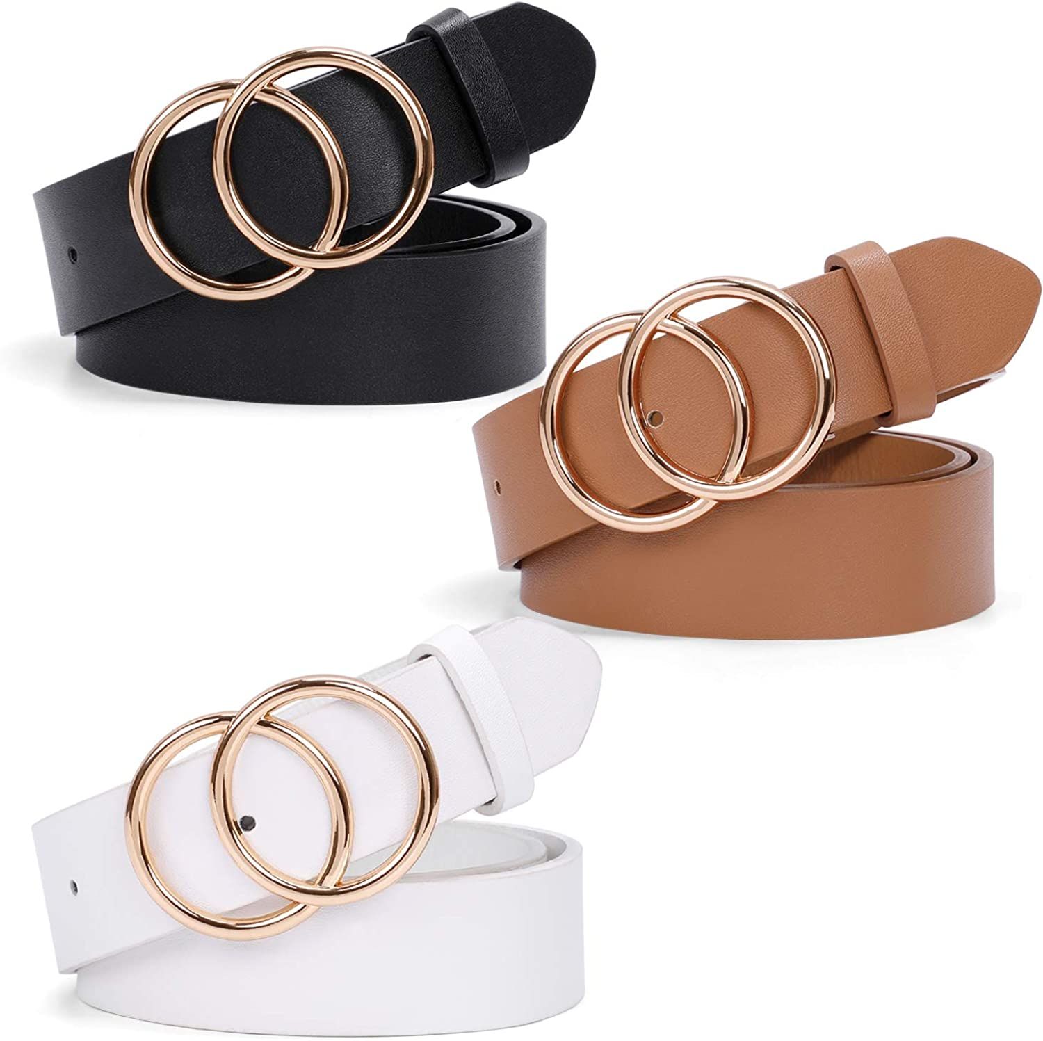 Women Leather Belt Fashion Double O-Ring Soft Faux Leather Waist Belts For Jeans Dress | Amazon (US)