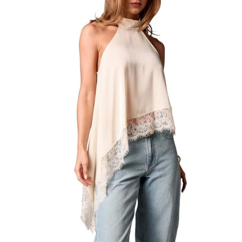 GCZREN Women Y2k Satin Sleeveless Mock Neck Lace Trim Tank Top Elegant Backless Asymmetric Hem Going Out Halter Tops(L,Apricot) | Amazon (US)