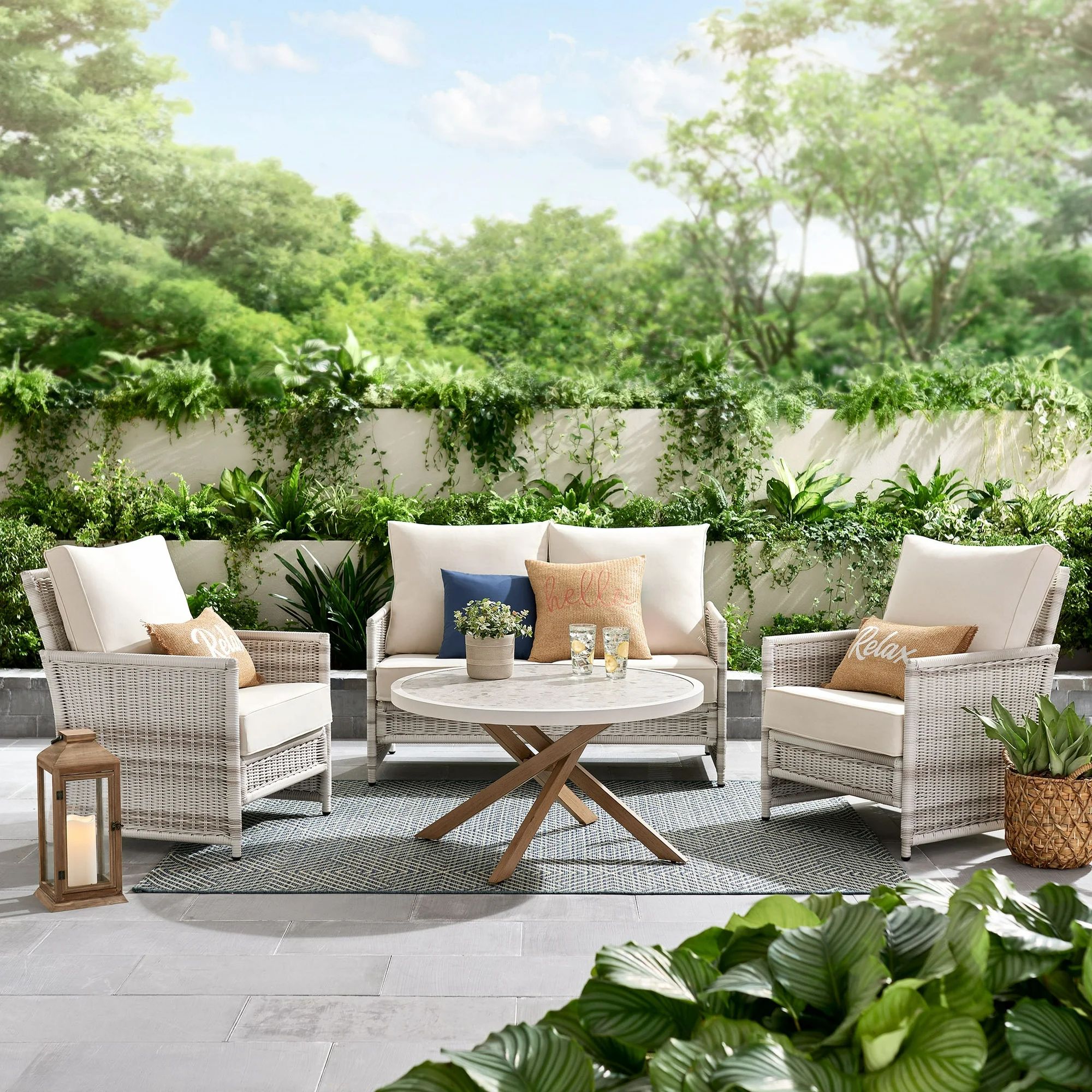 Better Homes & Gardens Paige 4-Piece Outdoor Wicker Loveseat Seating Set, White | Walmart (US)
