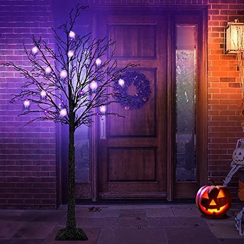 6 Ft High Halloween Lighted Tree Decor with Timer 24 Spiders & 96 Purple LED Glitter Black Spooky Tr | Amazon (US)