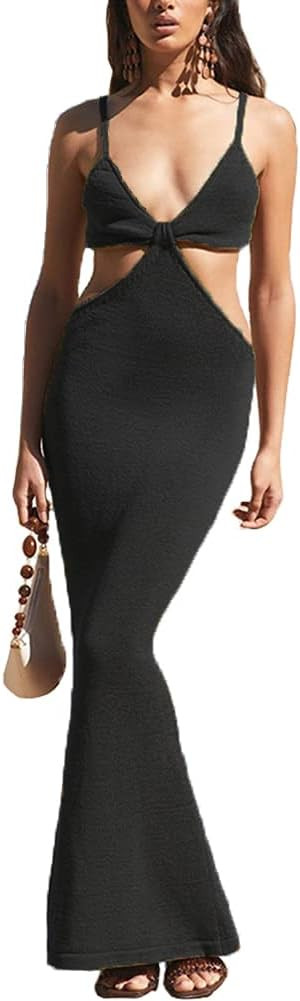 Antopmen Women Spaghetti Straps Knitted Maxi Dresses Elegant Sexy Party Cut Out Backless Bodycon ... | Amazon (US)