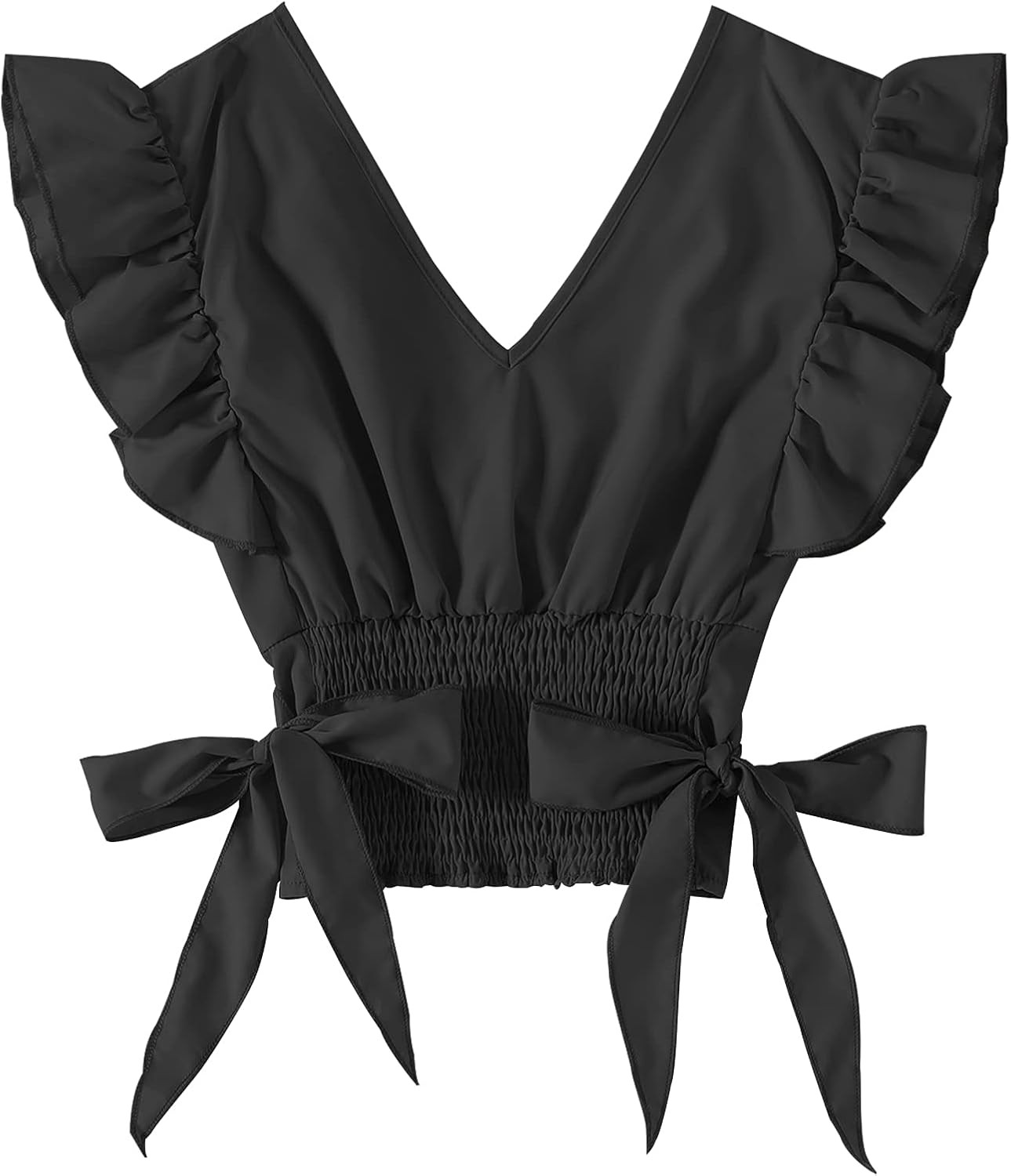 LYANER Women's V Neck Polka Dots Ruffle Cap Sleeve Shirred Hem Blouse Crop Tank Top | Amazon (US)