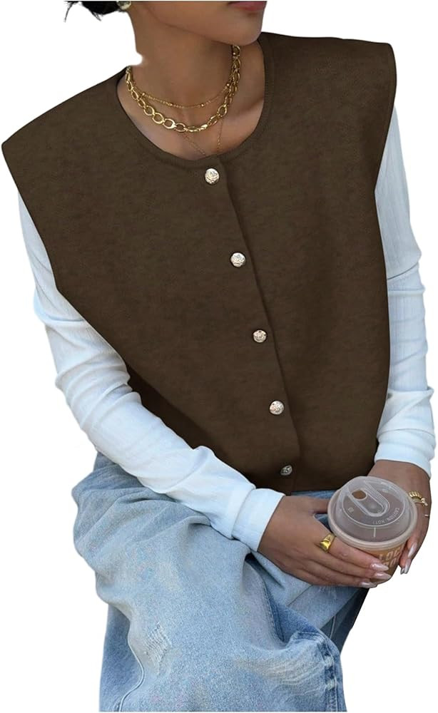 Verdusa Women‘s Comfiest Airport Outfits Button Down Sleeveless Sweater Vest Tops Cozy Cardigan... | Amazon (US)